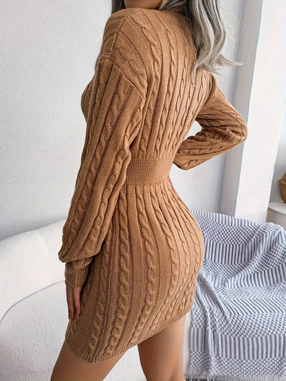 Cable Knit V Neck Knitted Dress, Elegant Solid Long Sleeve Drop Shoulder Sweater Dress, Women's Clothing