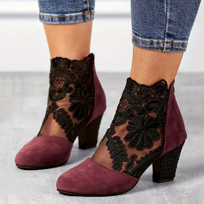 Stunning Floral Lace Ankle Boots - Chic Pointed Toe, Chunky High Heel, Versatile, Fashionable, Comfortable, and Perfect for Various Occasions - Ideal for Women Who Want to Elevate Their Style - LuxyXO