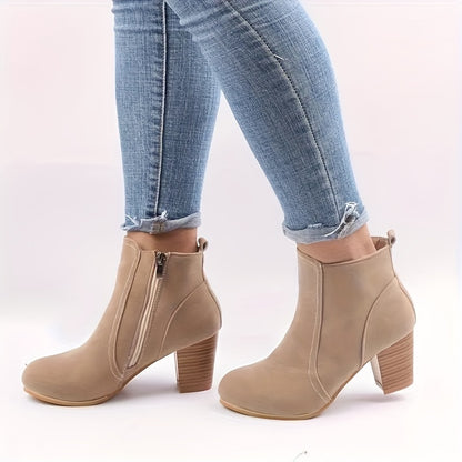 Womens Stylish Block Heel Ankle Boots - Casual Side Zipper Design for Effortless Chic - All-Day Comfortable Short Boots