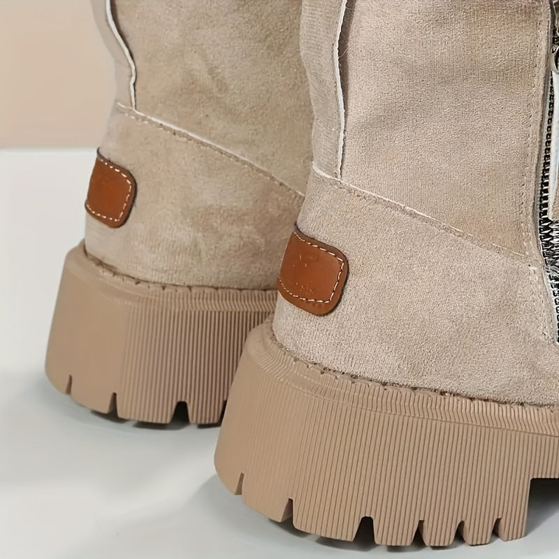 Women's Fashion Ankle Boots - Cozy Plush Lined Winter Platform Shoes with Side Zipper, Solid Color Fabric Upper & TPR Sole - LuxyXO