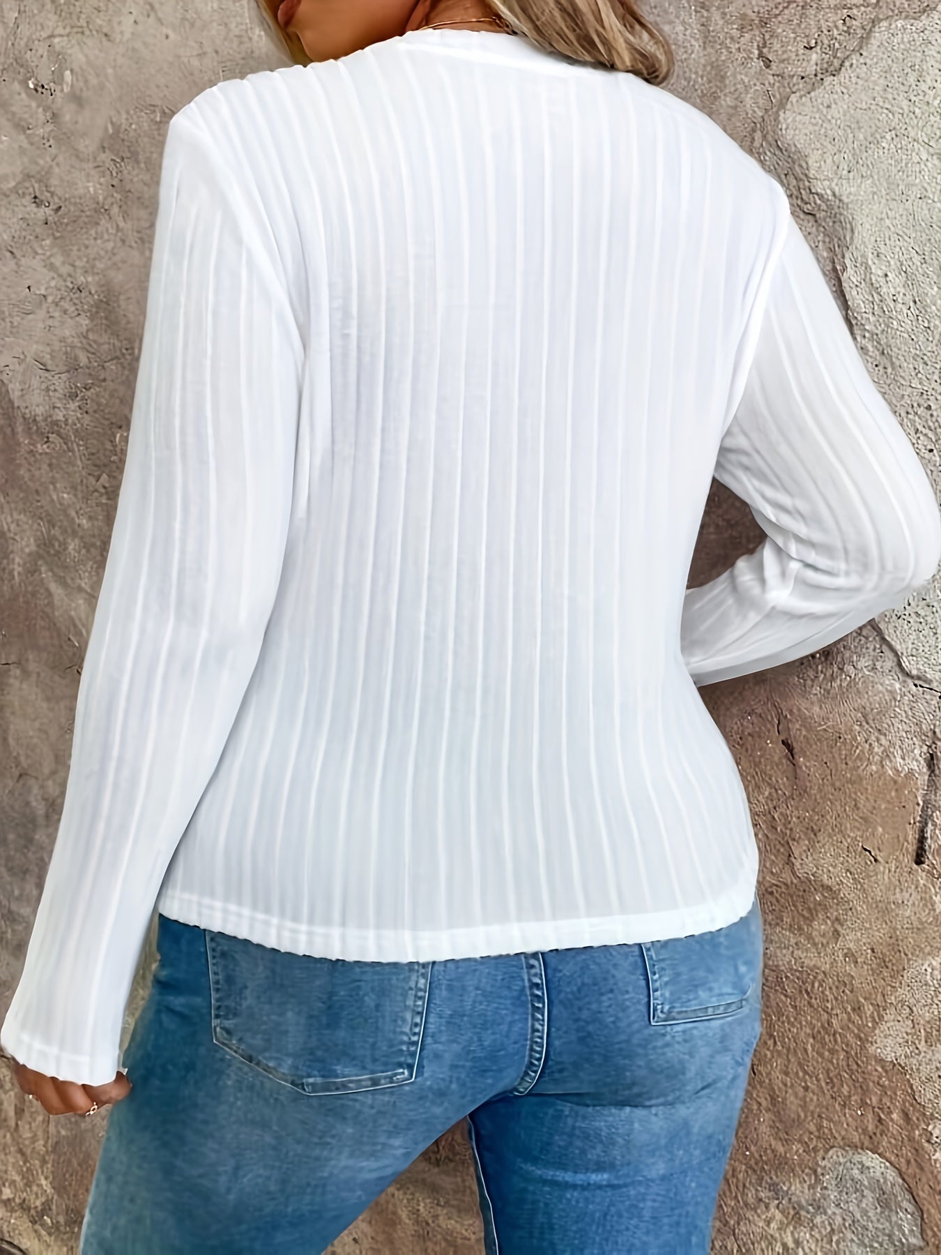 Plus Size Ribbed Plain Color Crew Neck T-shirt, Elegant Long Sleeve Slim Fit Top For Spring & Fall, Women's Plus Size Clothing