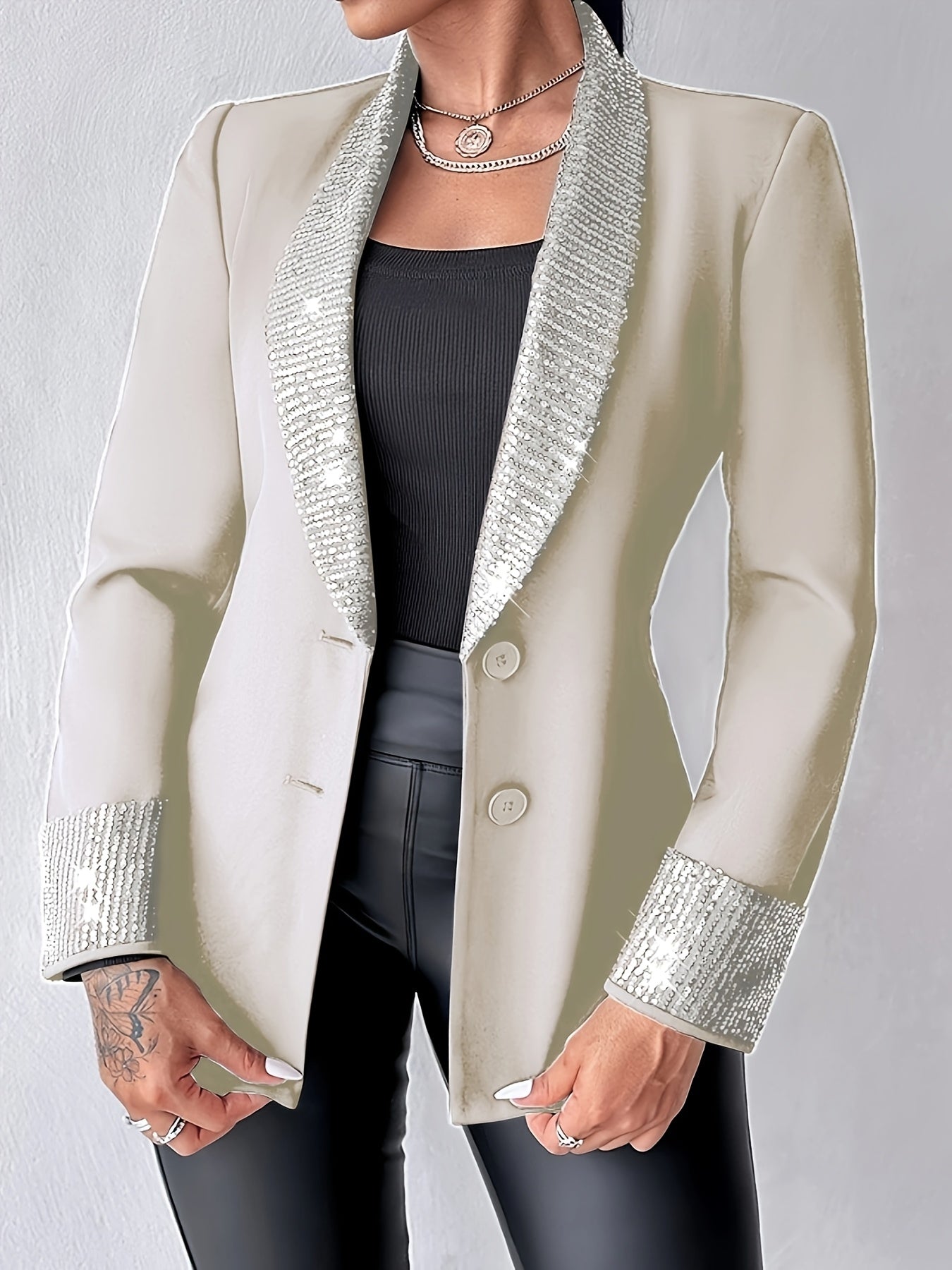 Elegante chaqueta tipo blazer con cuello chal y lentejuelas, manga larga, corte regular, prenda exterior tejida para todas las estaciones con detalle en contraste