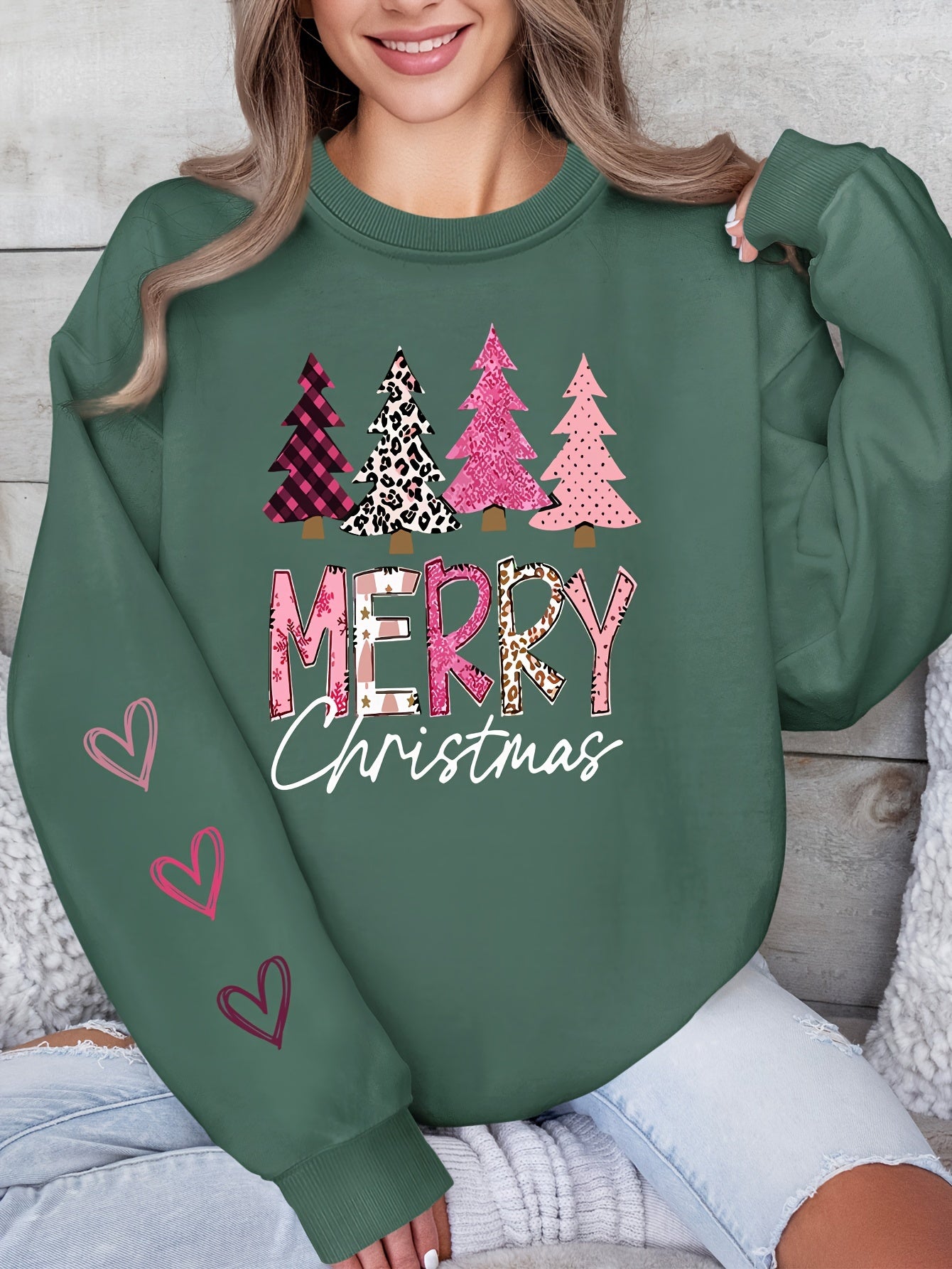 Women'S Festive Christmas Sweatshirt, Casual Pullover Crew Neck, Knit Polyester Fabric, Holiday Fashion Hoodie, Merry Christmas Tree Design, Spring/Summer/Autumn Season