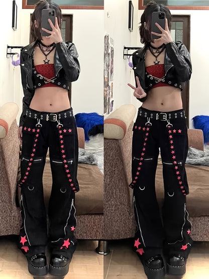 Women'S Y2k Gothic Punk Wide Leg Pants, Cotton Blend, Sexy Solid Color, with Chain Detail, for All-Season Woven Workwear Trousers