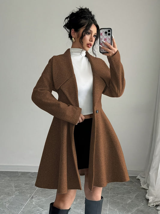 1pc Elegant Women'S Solid Color Stand Collar Long Sleeve Double-Breasted Coat, Polyester Woven Fall/Winter Outerwear with Button Detail