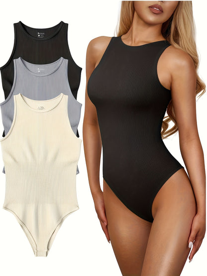 3 Packs Ribbed Tank Bodysuits - Sexy Sleeveless One-Piece Bodysuit