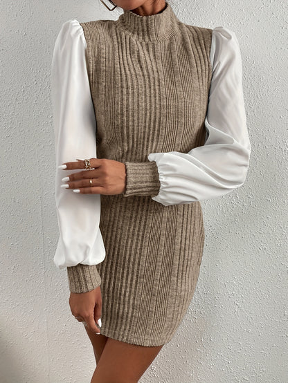 Ribbed Mock Neck Dress, Elegant Long Sleeve Dress For Spring & Fall, Women's Clothing