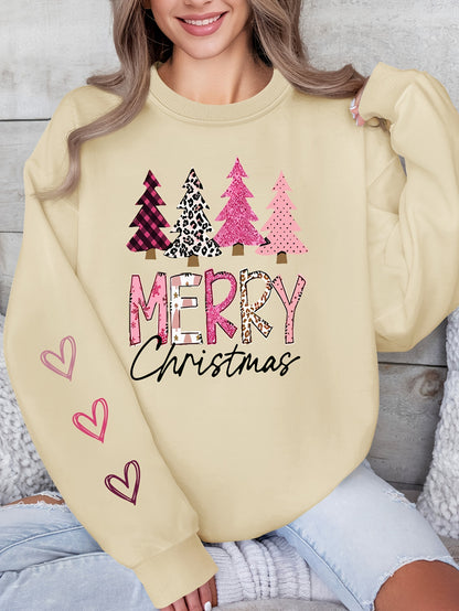 Women'S Festive Christmas Sweatshirt, Casual Pullover Crew Neck, Knit Polyester Fabric, Holiday Fashion Hoodie, Merry Christmas Tree Design, Spring/Summer/Autumn Season