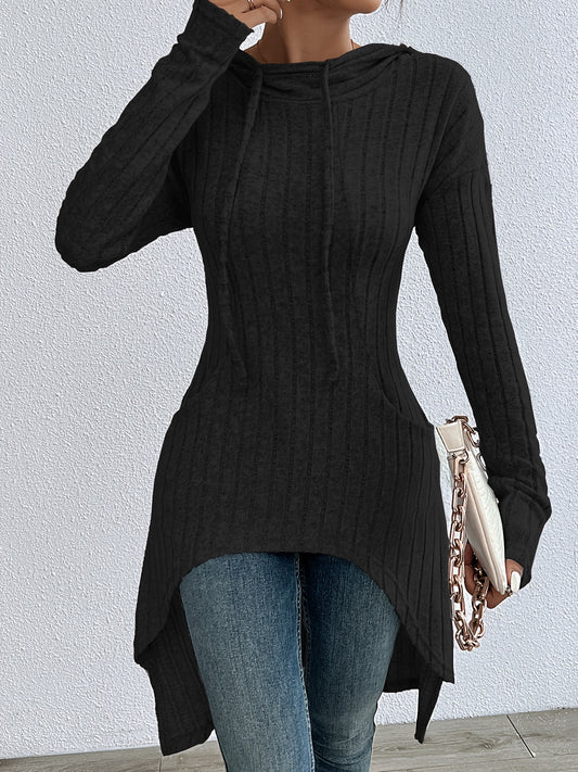 Women'S Long Sleeve Hooded Ribbed Sweatshirt, Solid Color, Regular Length, Knit Fabric, Casual Style Pullover