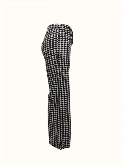 Stylish Houndstooth Wide-Leg Pants for Women - All-Season Comfort with Cross Tie Detail, Durable & Easy Care