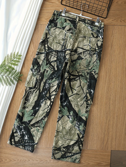 Plus Size Women's High Stretch Camo Print Cargo Jeans with Multiple Pockets and Button Fly on a Wooden Floor