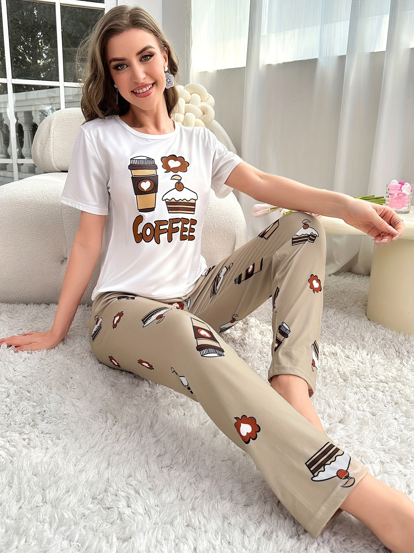 Cartoon Cake & Coffee Print Pajama Set - LuxyXO