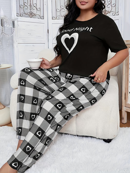 Plus Size Cozy Lounge Set - Soft Heart & Slogan Print Short Sleeve T-shirt, Plaid Pants, Casual 2 Piece Pajama Set