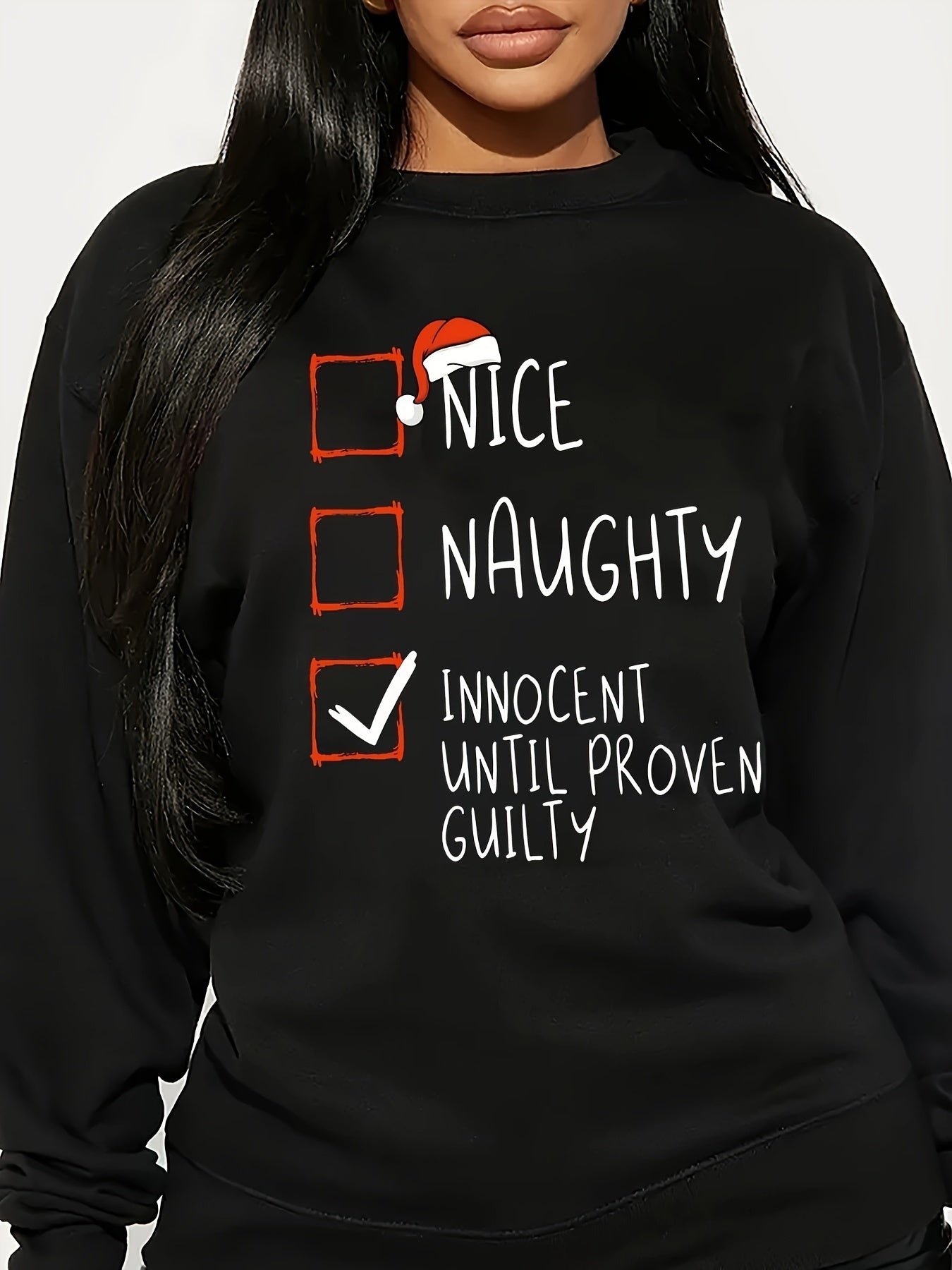 Women's Christmas Theme Crew Neck Sweatshirt - 100% Polyester Casual Long Sleeve Pullover with Naughty or Nice Checklist Print for Fall/Winter