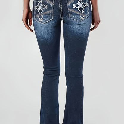 Women's plus size embroidered bell bottom jeans with geometric pattern showcased from the back, casual stretch denim, all-season fashionable flare pants.