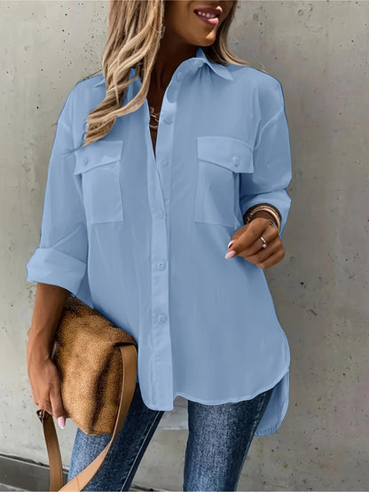 Plus Size Womens Charming Blouse - Long Sleeve Solid Shirt with Flattering Lapel Collar & Stylish Button-Up Design, Trendy Plus Size Top featuring Practical Flap Pockets for Casual Chic Style