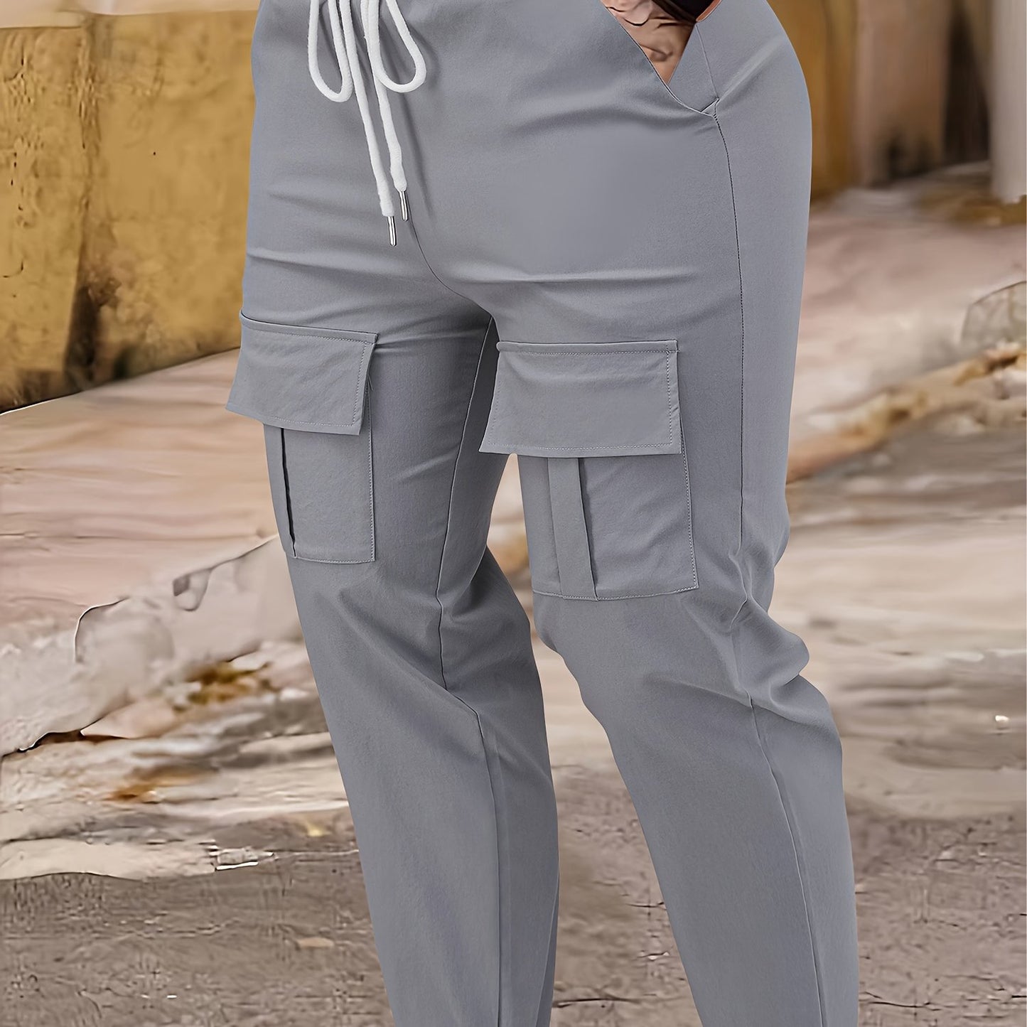 Plus Size Flap Pockets Fitted Bottom Cargo Pants, Casual Drawstring Pants