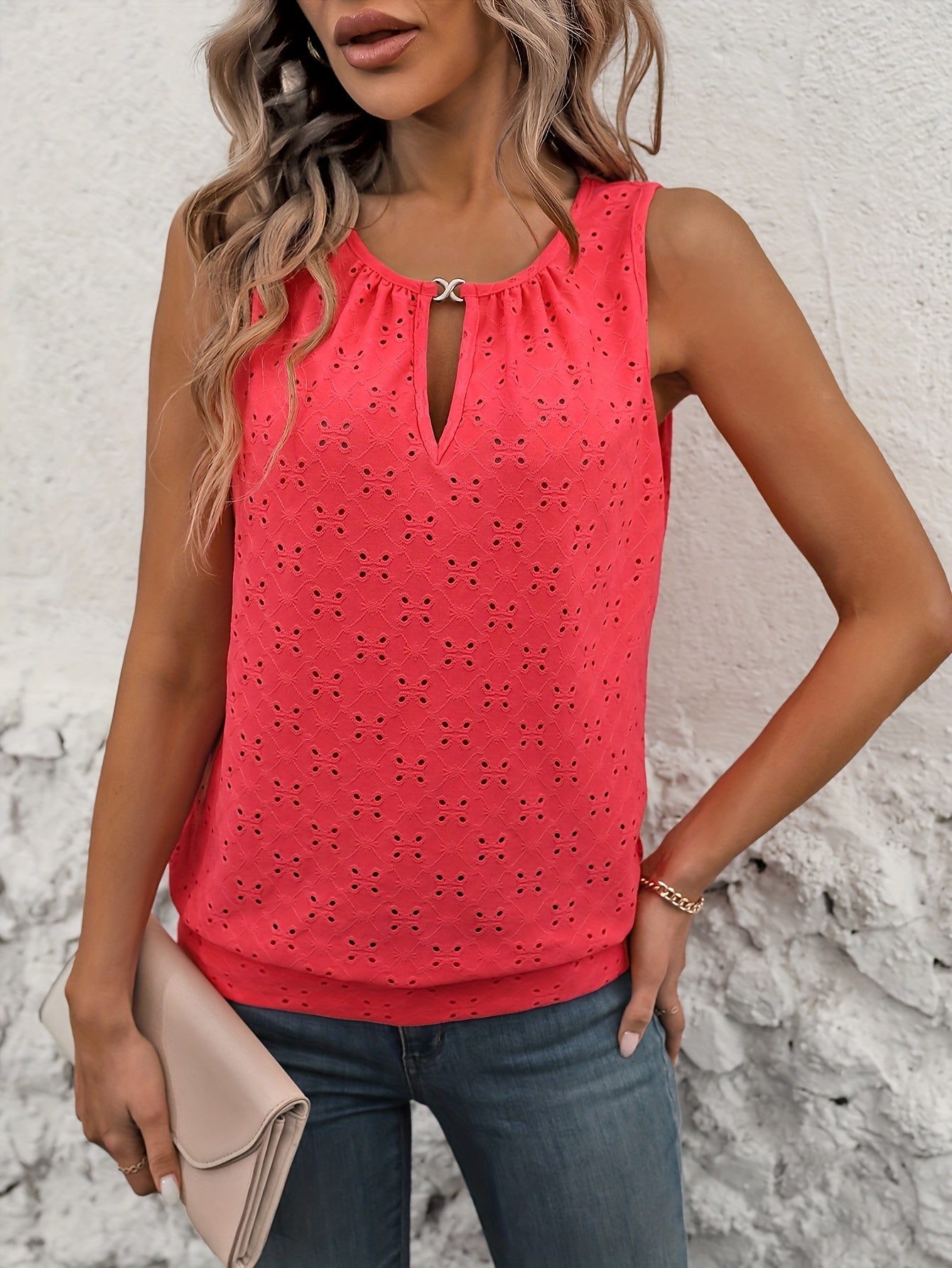 Eyelet Embroidered Hollow Out Blouse, Casual Sleeveless Crew Neck Loose Blouse For Spring & Summer, Women's Clothing