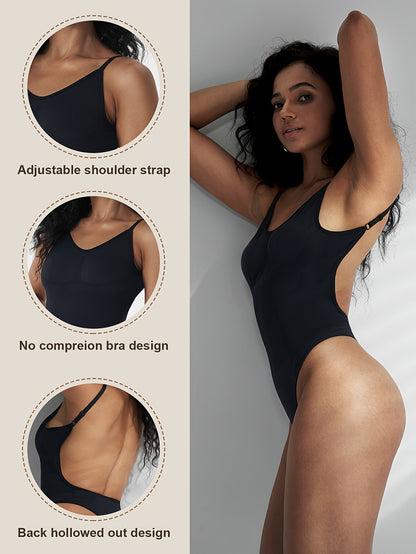 Simple Solid Shaping Bodysuit, Tummy Control Slimming Thong Body Shaper, Women's Underwear & Shapewear