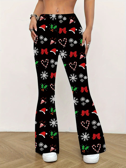 Women's High-Waist Flare Pants with Unique Christmas Print - Stretchy Polyester Blend, Machine Washable, Non-See-Through, All-Season Comfort Fit for Everyday & Party Wear