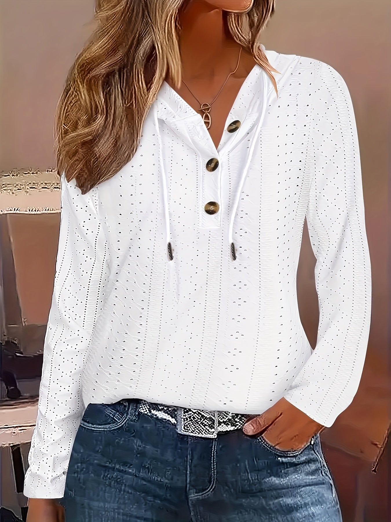 Plus Size Cozy Button Eyelet Hoodie - Soft, Casual Drawstring Long Sleeve Design for Spring & Fall - Women's Comfortable Relaxed Fit Clothing for Everyday Wear