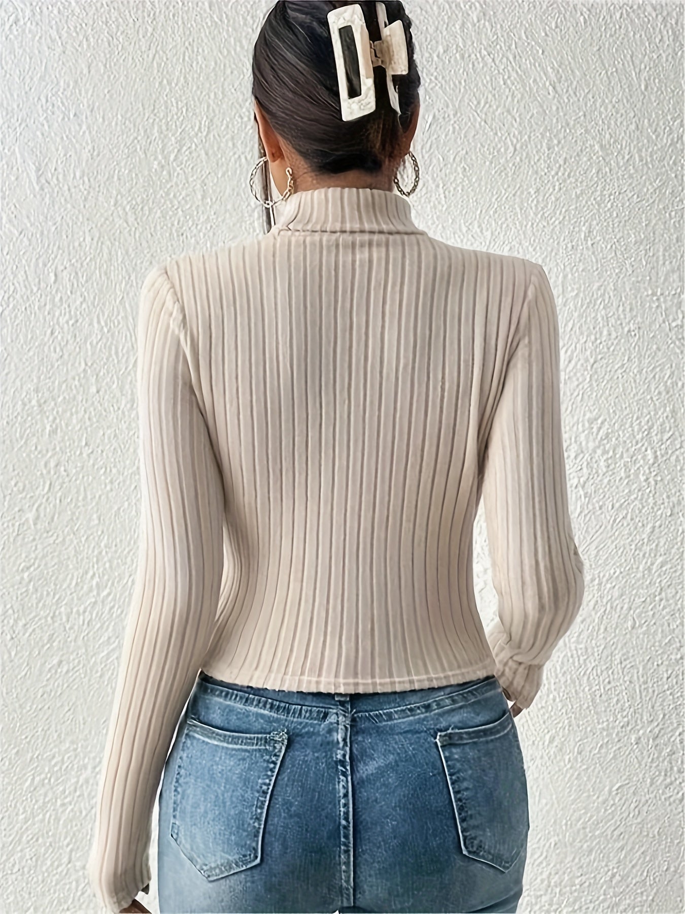 Cut Out Knitted Long Sleeve Shirt, Casual Rib Knit Turtle Neck Top