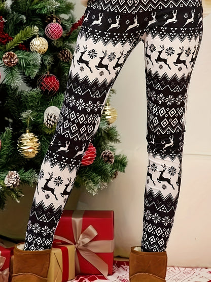 Leggings con estampado navideño estilo Y2K para mujer: tejido de punto de poliéster, pantalones cortos con cintura elástica y corte entallado en color zanahoria con elasticidad media, pantalones ajustados para todas las estaciones