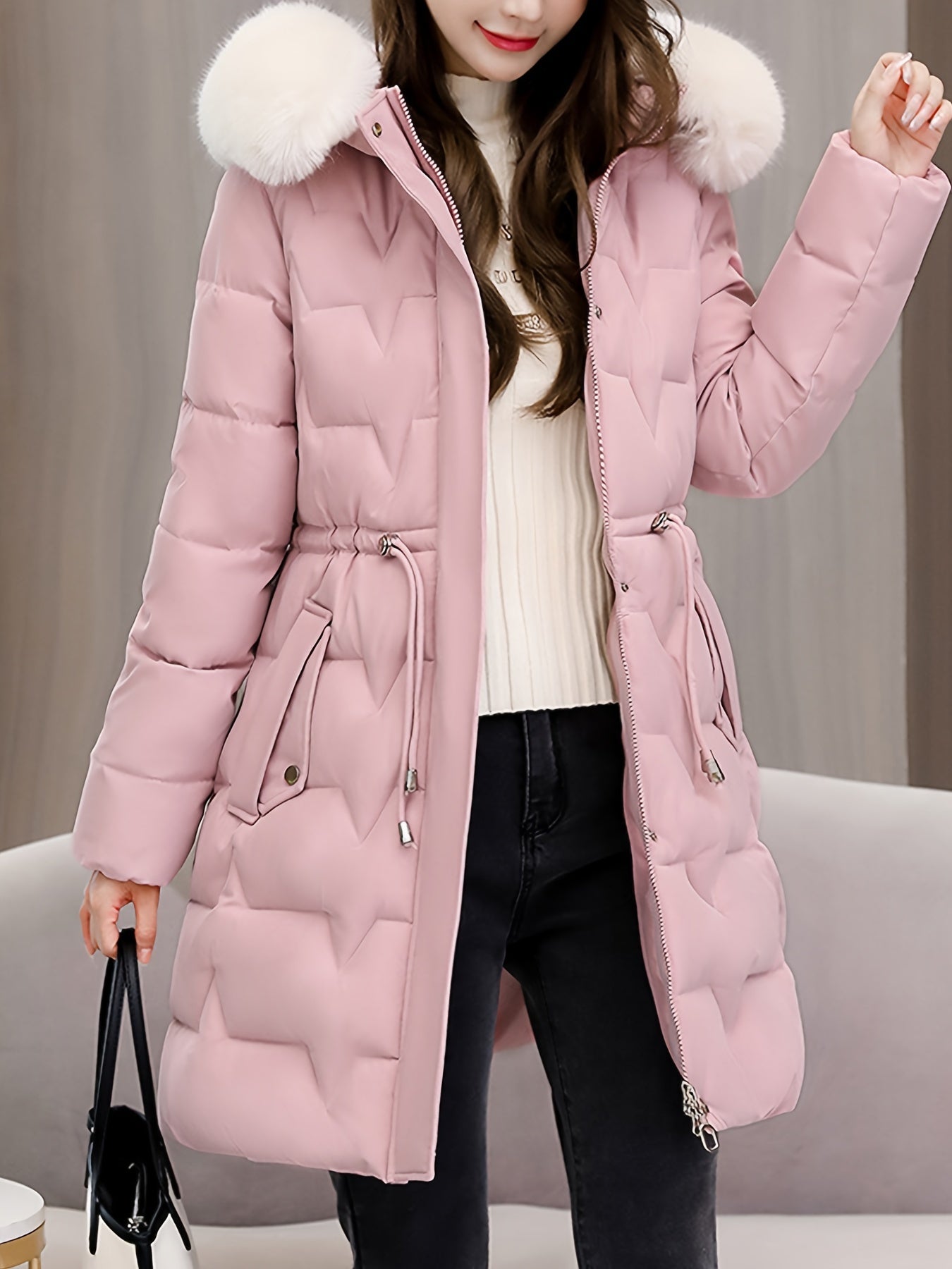 Elegant Women's Winter Coat with Detachable Hood - Long, Warm Puffer Jacket with Faux Fur Trim & Drawstring Waist