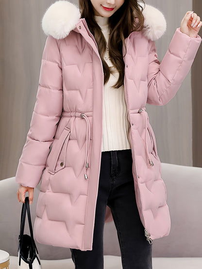 Elegant Women's Winter Coat with Detachable Hood - Long, Warm Puffer Jacket with Faux Fur Trim & Drawstring Waist