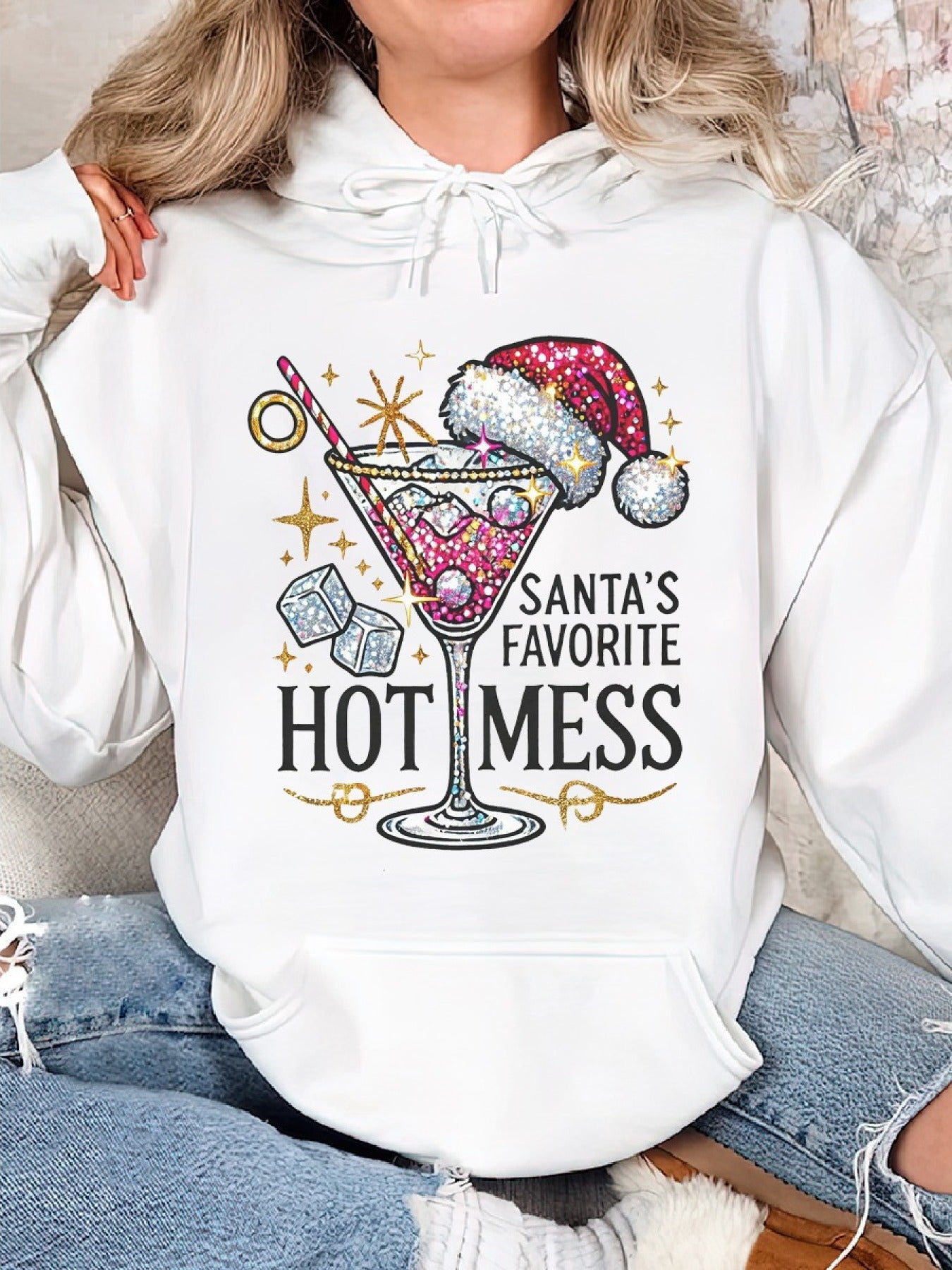 Adults' Cozy Cotton Blend Hoodie, Santa'S Hot Mess Glitter Christmas Martini Design, Casual Long Sleeve Pullover with Drawstring Hood, Festive Holiday Top for Sports & Outdoor Activities