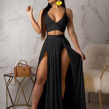 Women Sexy Dress 2pcs Skirt Outfits Strap Bra Crop Top & High Split Chiffon Skirt Goddess Dresses Set