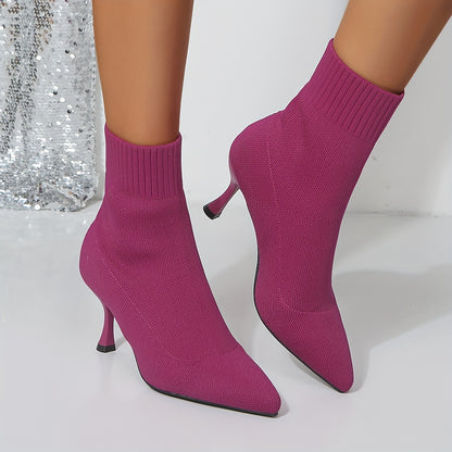 Stiletto Ankle Boots, Fashion Solid Color Knitted Slip On High Heeled Boots