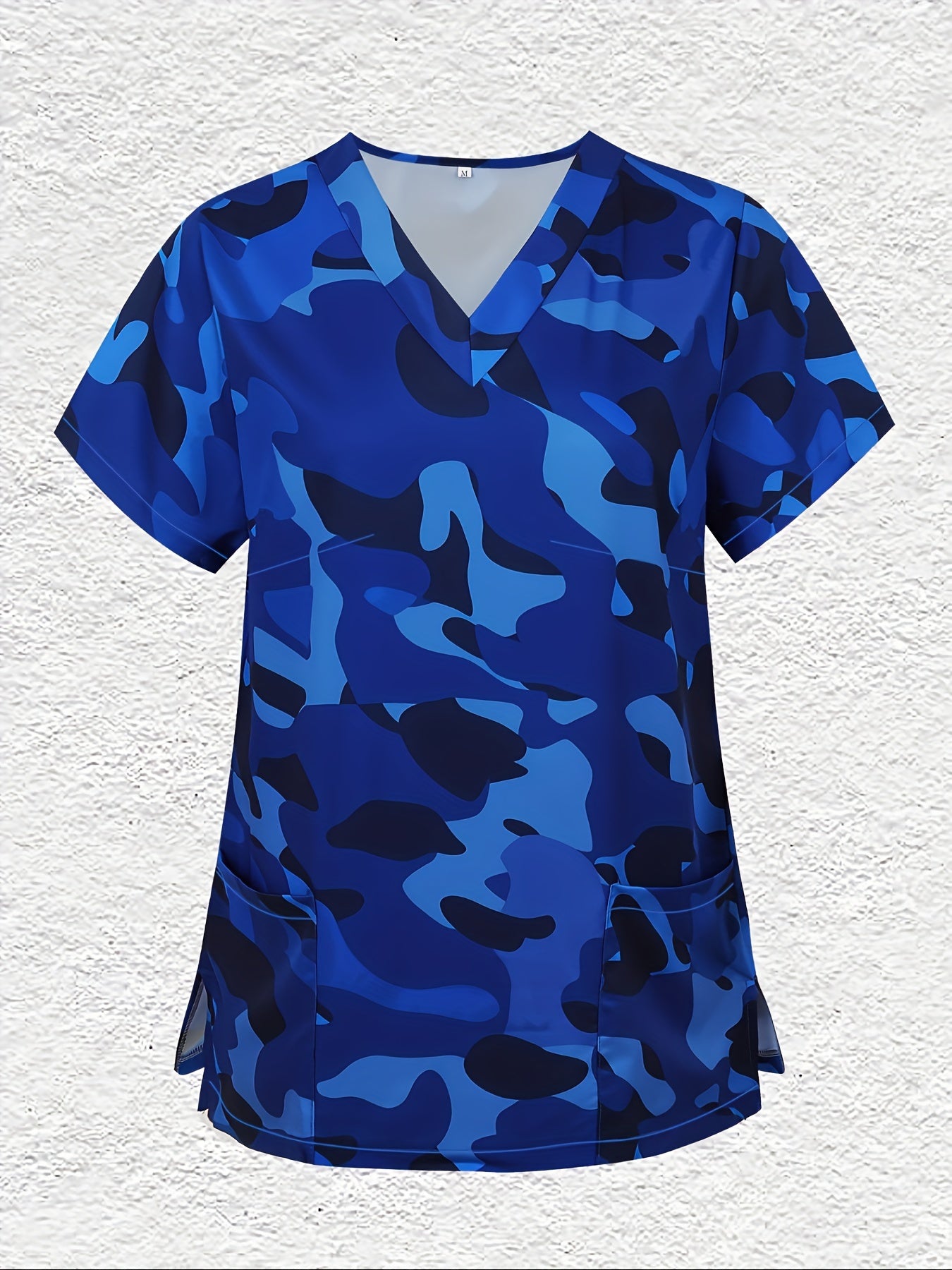 Camouflage Print Stretchy V-neck T-shirt, Comfortable & Functional Health Care Uniform For Nurse, Women's Clothing