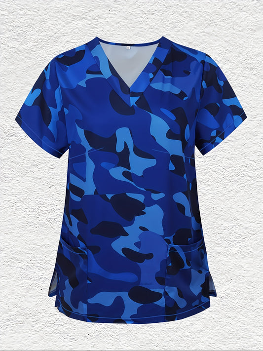 Camouflage Print Stretchy V-neck T-shirt, Comfortable & Functional Health Care Uniform For Nurse, Women's Clothing