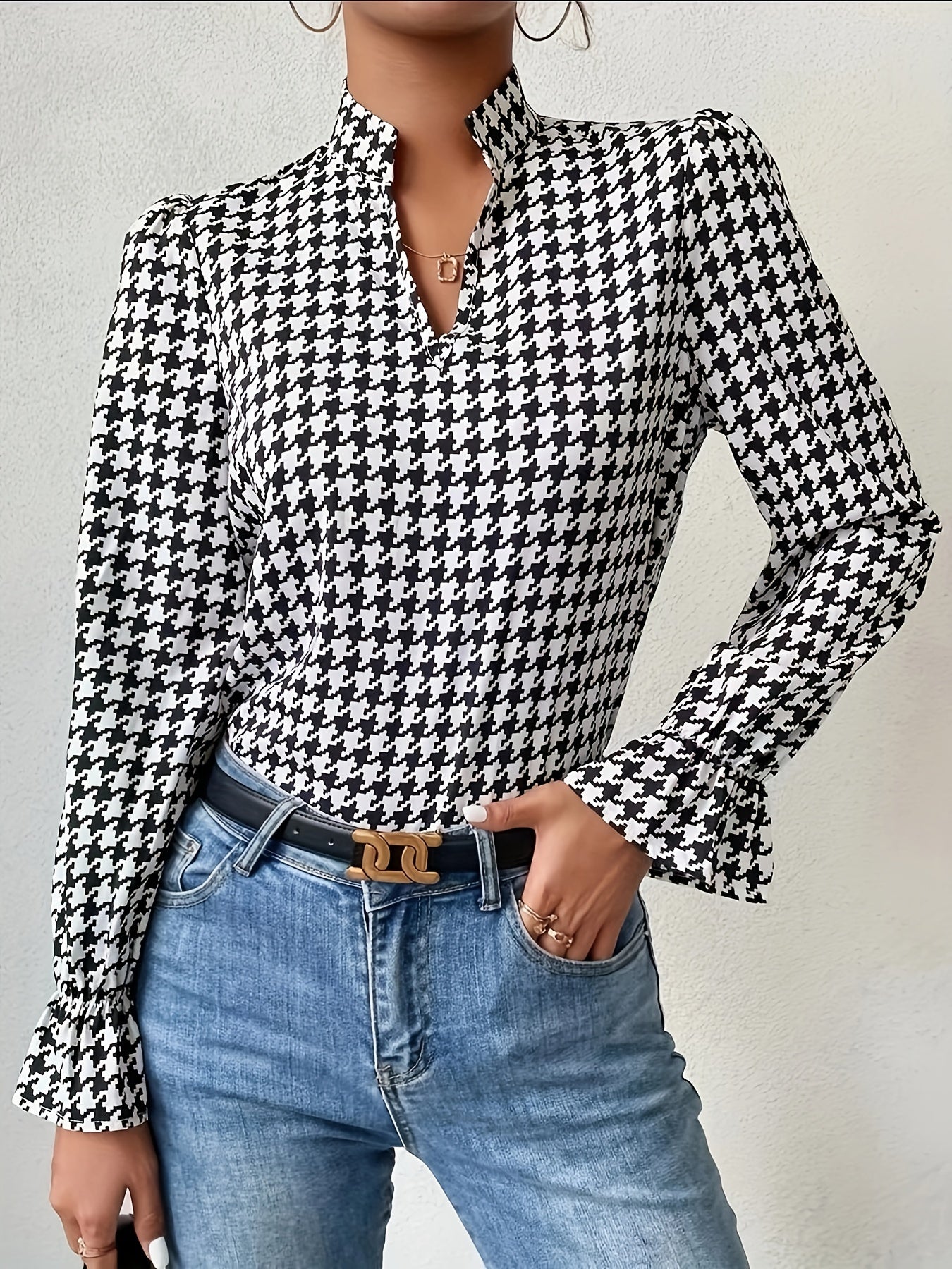 Elegant Houndstooth Blouse for Women: Ruffle Lantern Sleeves, Durable & Stylish for Spring/Fall