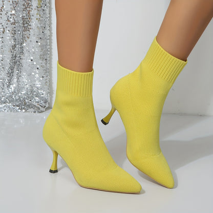 Stiletto Ankle Boots, Fashion Solid Color Knitted Slip On High Heeled Boots