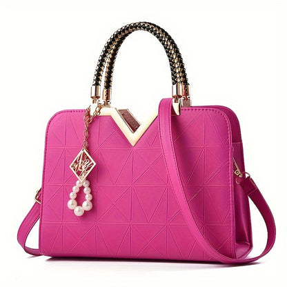 Fashion Top-Handle Handbag for Women, Solid Color Faux Leather Shoulder Bag, with Zipper Closure