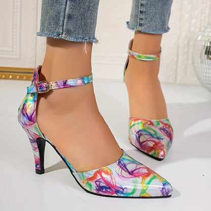 Chic Womens Colorful Print High Heel Sandals - Strappy Buckle Accent, Fashion-Forward Hollow Out Design, Pointed Toe for Work to Evening Glam - Office-Approved Dress Shoes