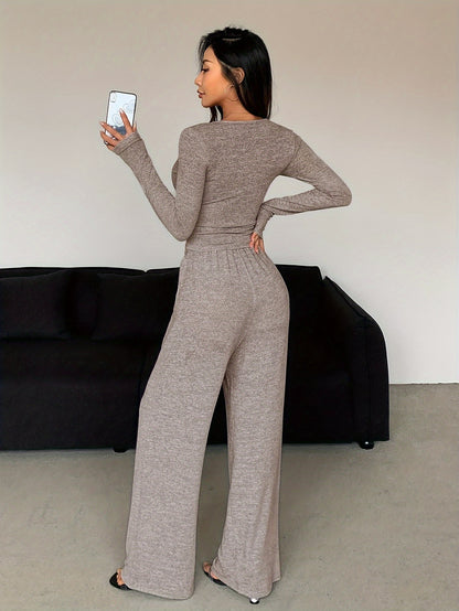 Women's Casual V-Neck Knit Pantsuit Set - Polyester Blend Long Sleeve Button-Top with Drawstring Pocket Pants, Solid Color Two-Piece Outfit for Fall/Winter