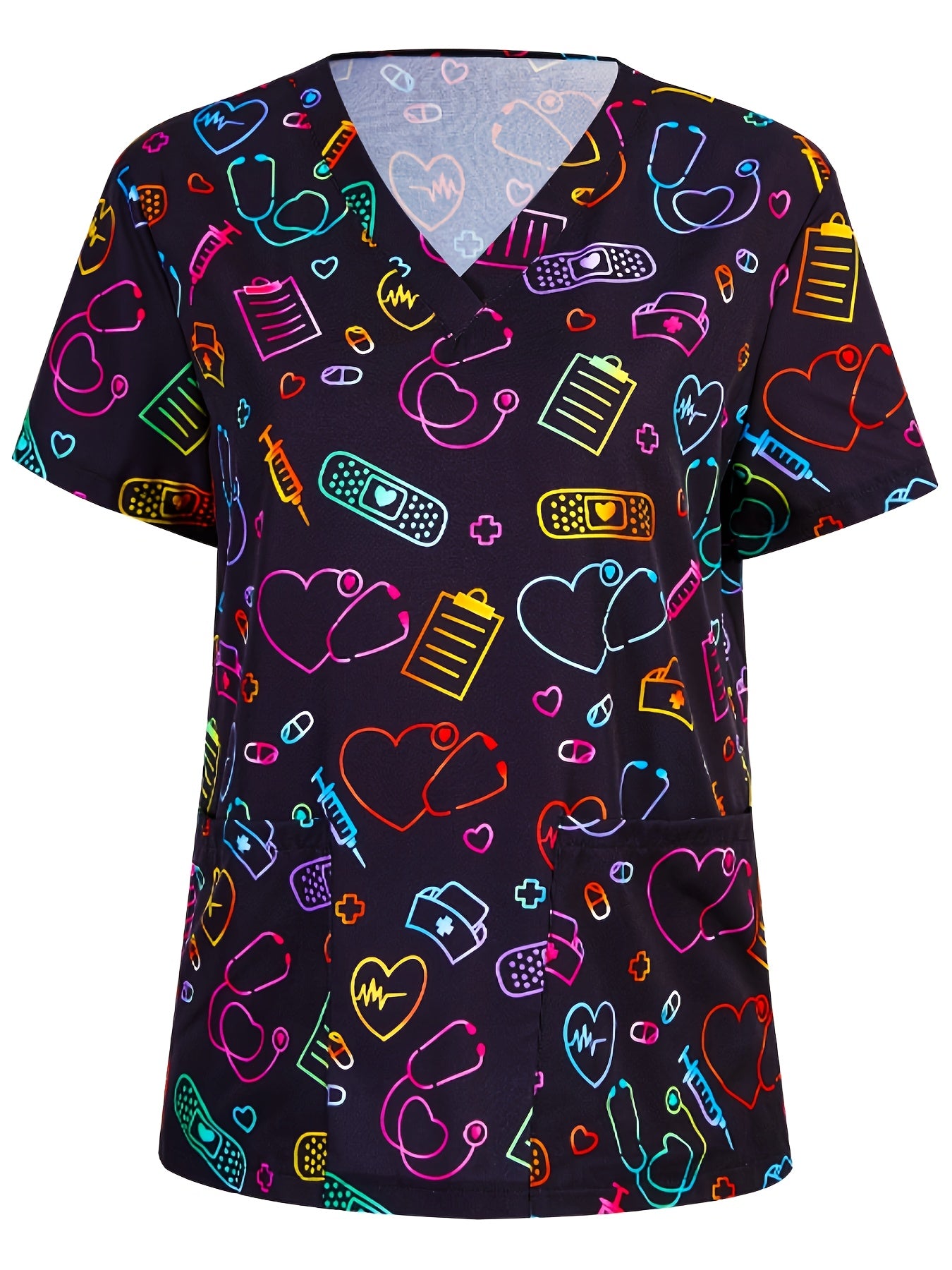 Heart Print V Neck Scrub Tops, Elegant Short Sleeve Patched Pockets Nurse Uniform, Women's Clothing