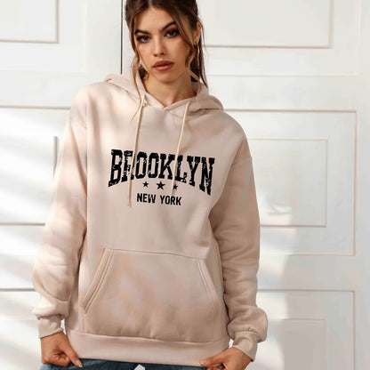 Trendy Letter Print Drawstring Sweater, Loose Kangaroo Pockets Long Sleeve Pullover Hoodies, Women's Sweatshirt