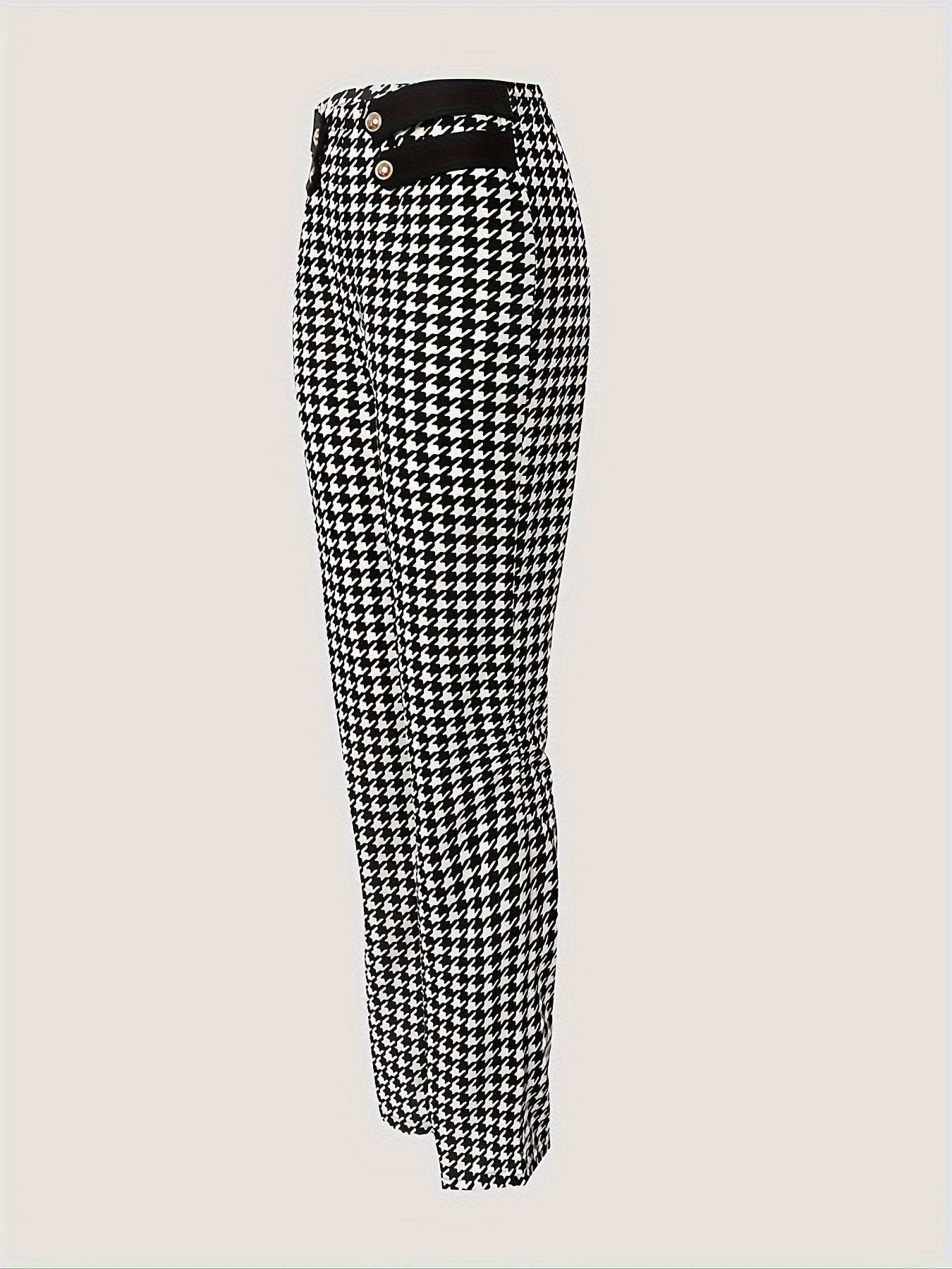 Elegant Women's Houndstooth Print Flare Leg Pants, Button Forbidden, Classic Style