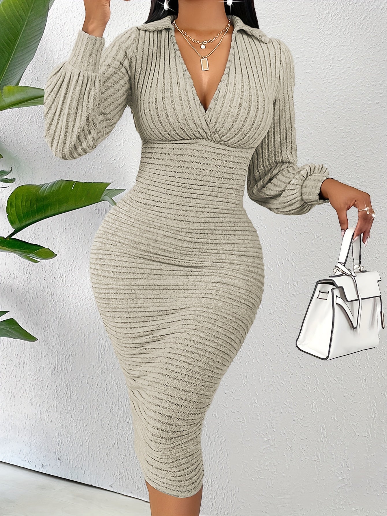 Solid Color Long Sleeve Ribbed Dress, Elegant Lapel High Waist Slim Dress, Women's Clothing