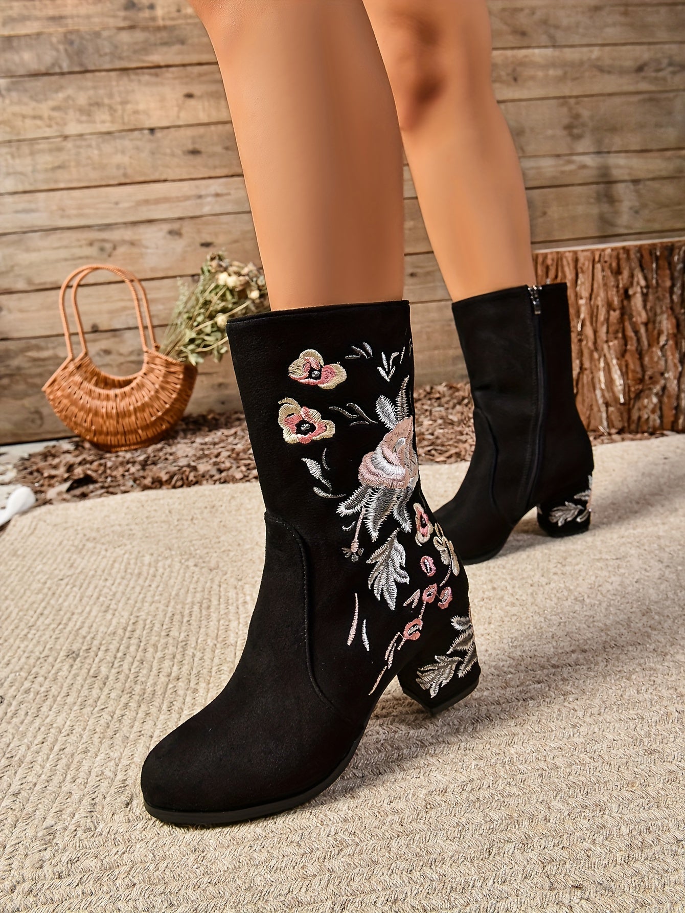 Women's Flower Pattern Chunky Heel Boots, Fashion Side Zipper Dress Boots, Women's Stylish Ankle Boots - LuxyXO