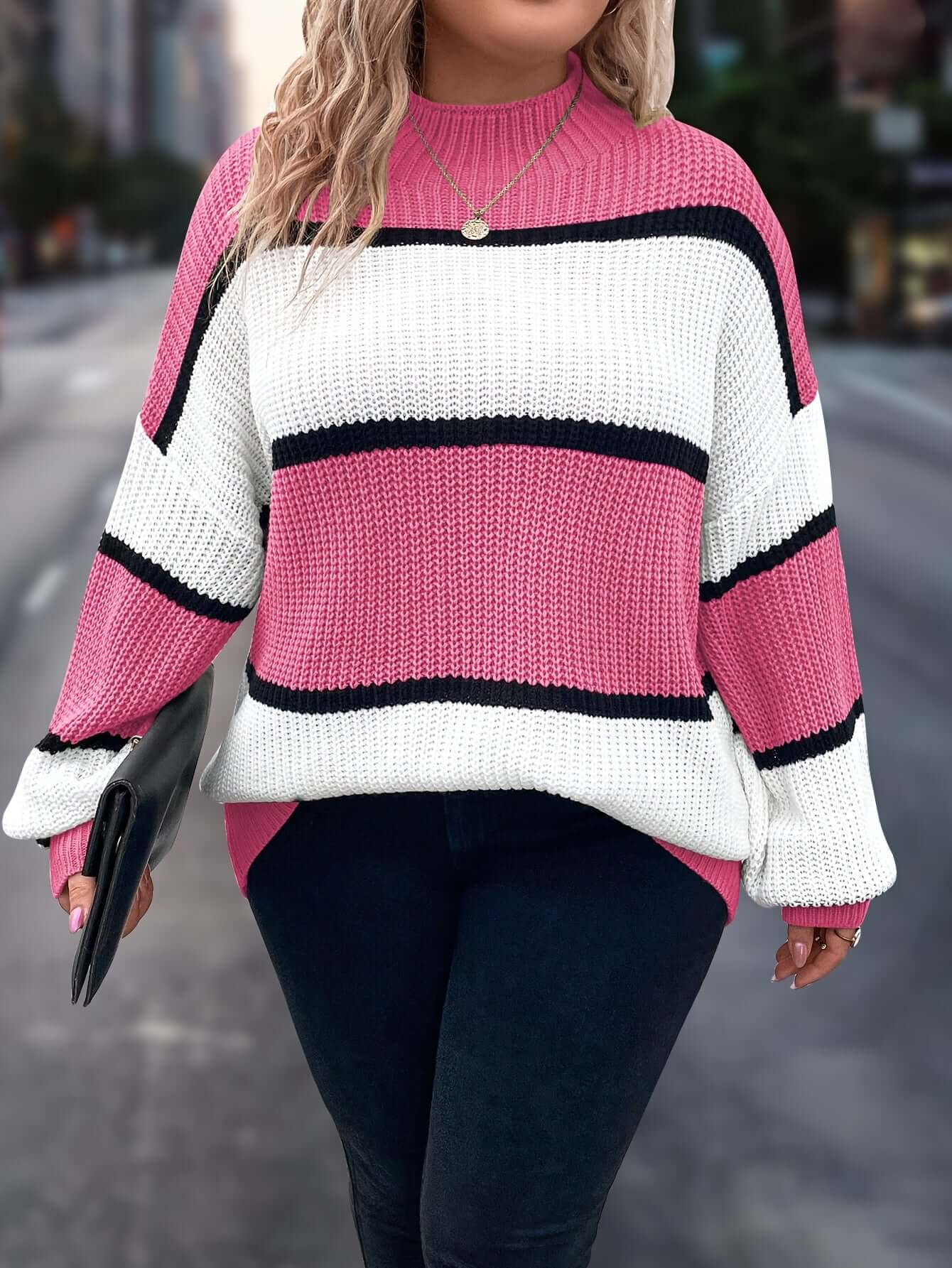 Plus Size Sweater for Women, New Autumn and Winter Striped Sweater, Color Blocking Lazy Style