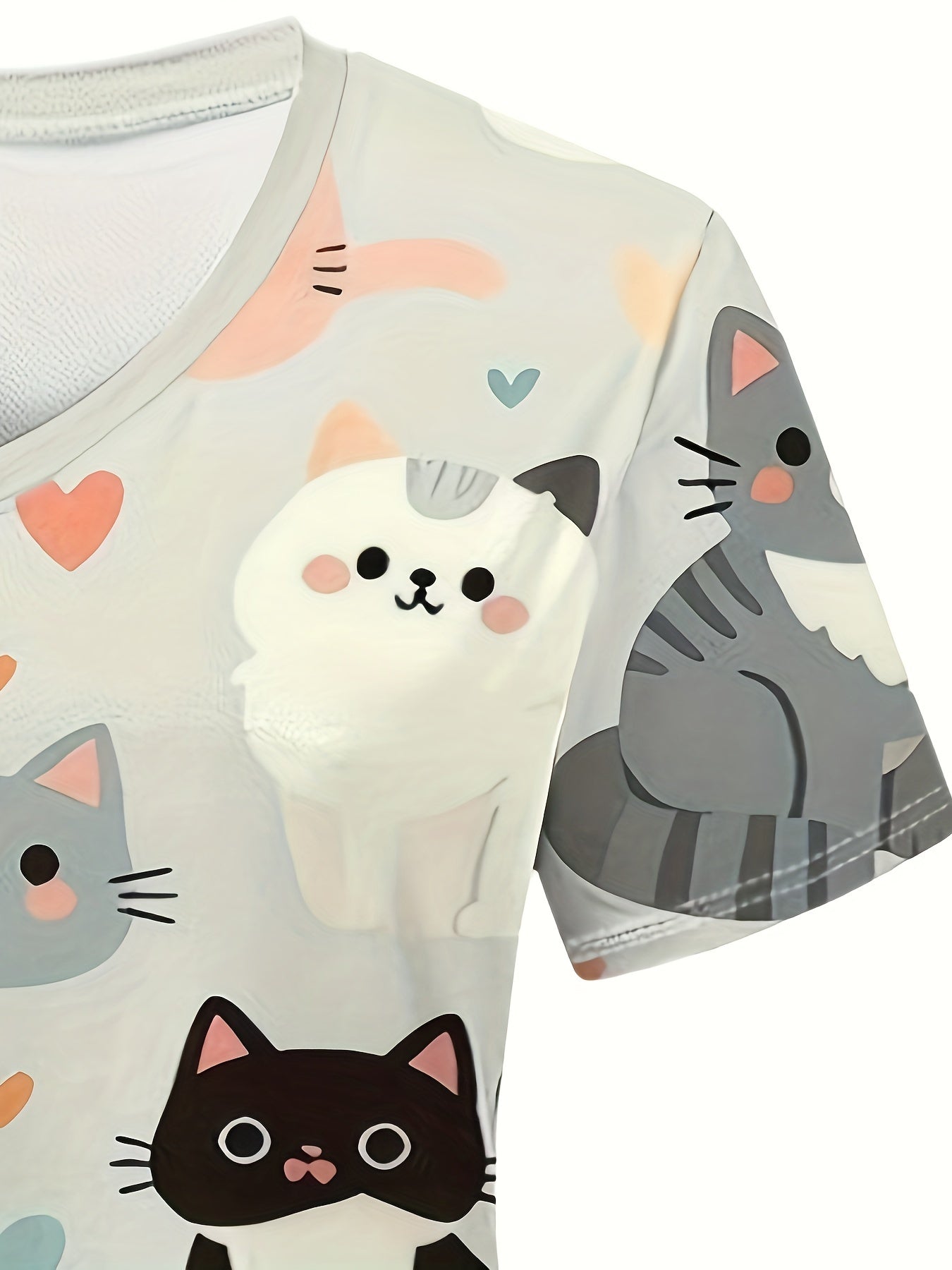 V-Neck Cartoon Cat Print Short-Sleeve Nurse Uniform Top - Soft Polyester Fabric, Cute Animal Pattern, Comfortable Pocket Design, Suitable for Spring, Summer, and Fall Seasons