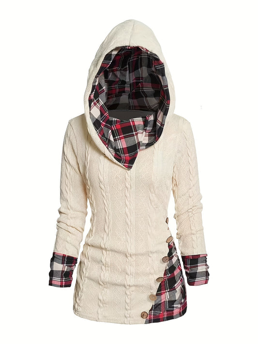 Plus Size Womens Cozy Hooded Gingham Plaid Print Cable Knit Long Sleeve Top