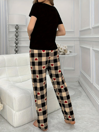 Cozy Heart Plaid Print Pajama Set for Women - Soft, Relaxed Fit, Short Sleeve Crew Neck Top & Pants