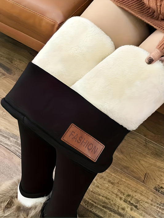 Women's Winter Plush Lined Sports Leggings, High Stretch Winter & Fall Sportswear