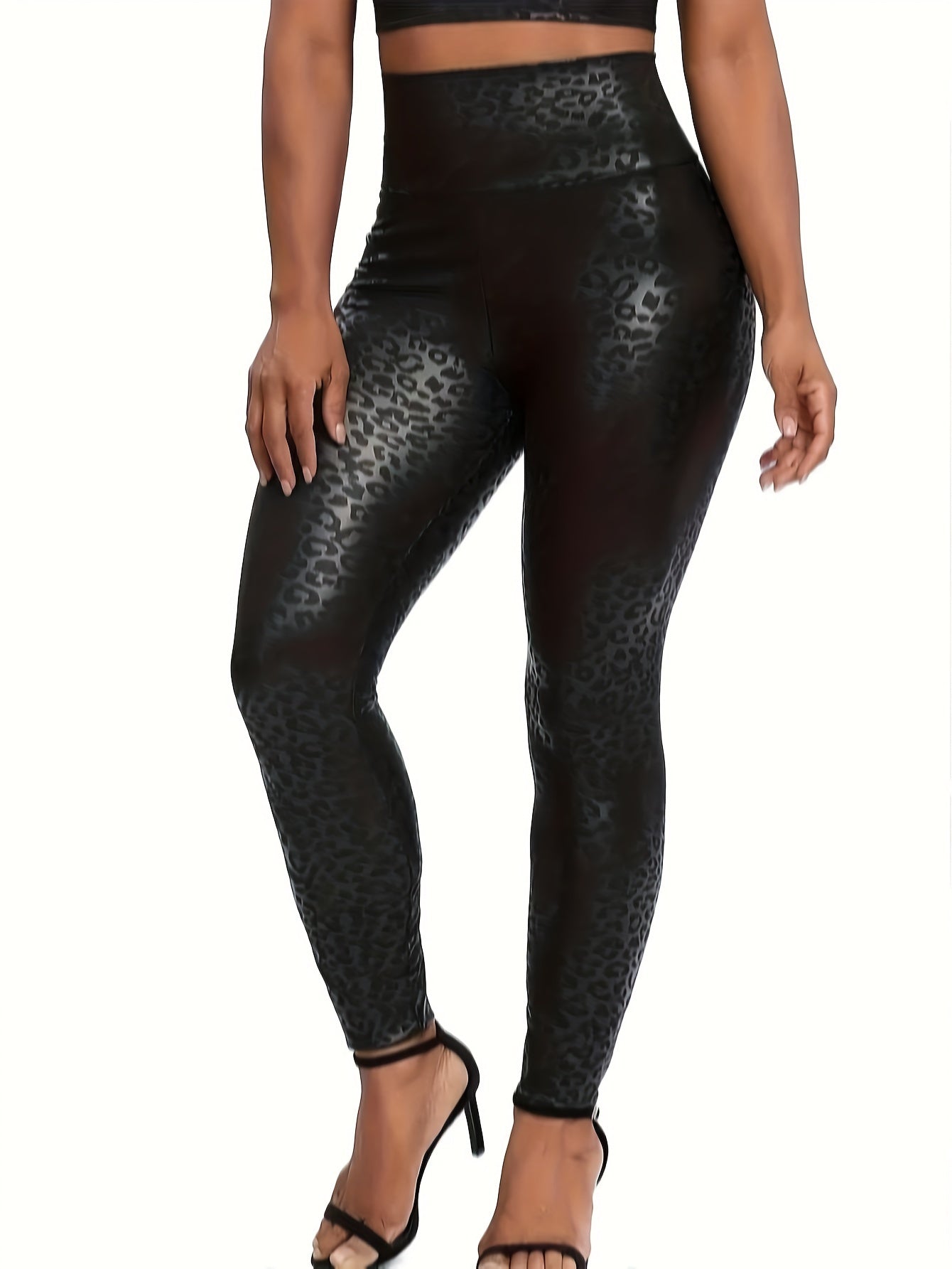 Women's High-Waist Leopard Print Fleece-Lined Leggings - Stretchy, Slimming Faux Leather